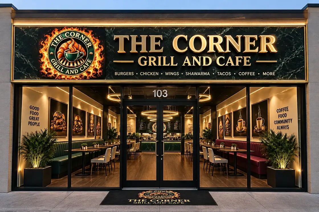 The Corner Grill and Cafe architectural storefront concept visualization