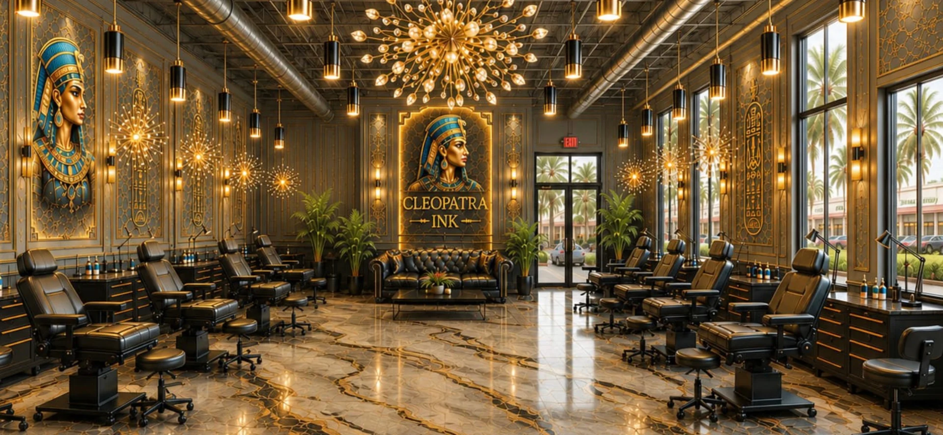 Egyptian-inspired Cleopatra tattoo studio design with black and gold workstations.